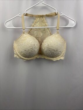 Pink Victoria’s Secret date Racerback Bra 34DD Front Close Cream Floral Lace